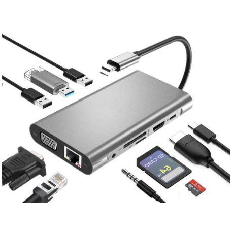 HUB USB-C Lifetech c/ 2x USB-A, 1x Hdmi, 1x RJ45, 1x USB-C + Leitor Cartões SD e Cartões TF